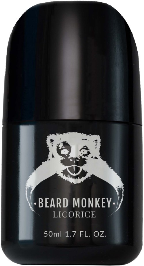 A black container with a smiling monkey logo, labeled 'BEARD MONKEY LICORICE' and 50ml size.