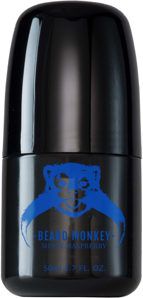 A black bottle with a blue logo of a monkey face and text for beard grooming, raspberry scent, 50ml size.