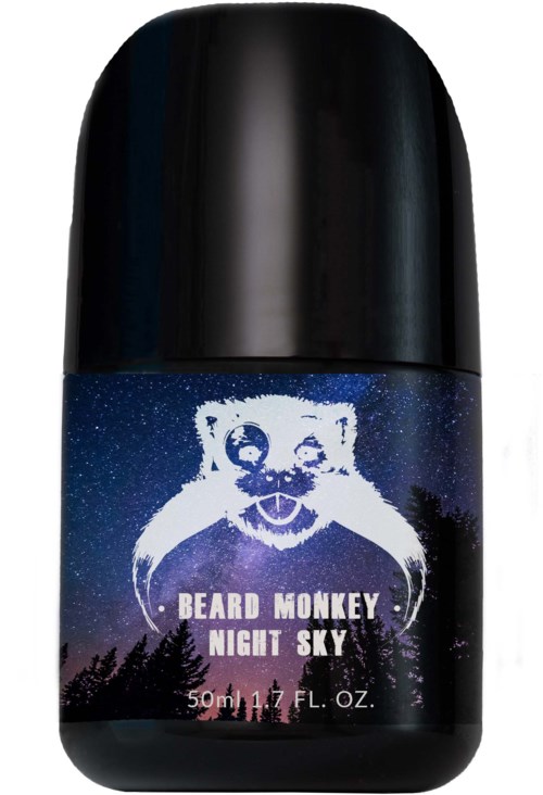A small black bottle with a night sky and bear logo, labeled 'Beard Monkey Night Sky,' 50ml.