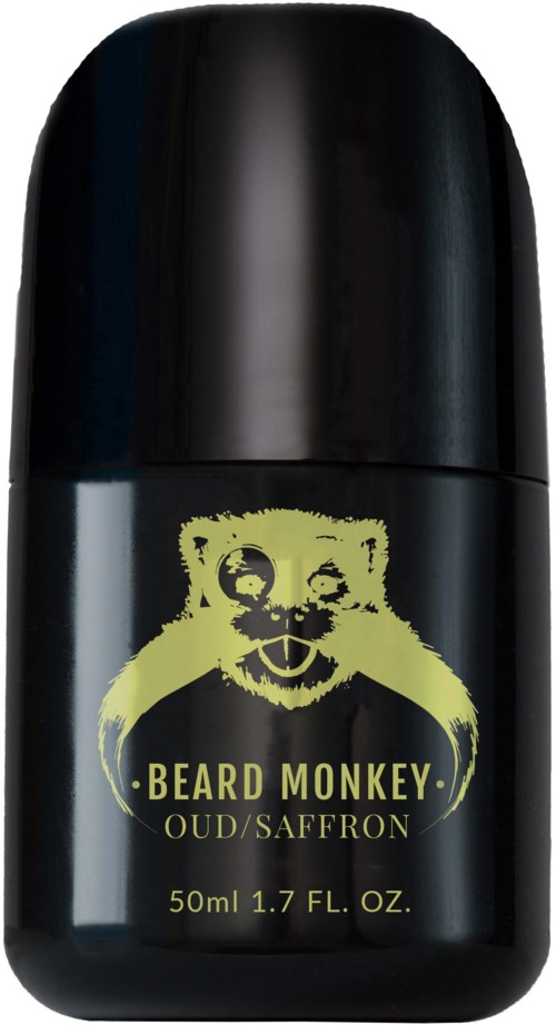 A black container with a yellow logo of a smiling monkey and the text 'Beard Monkey' for oud/saffron scent.