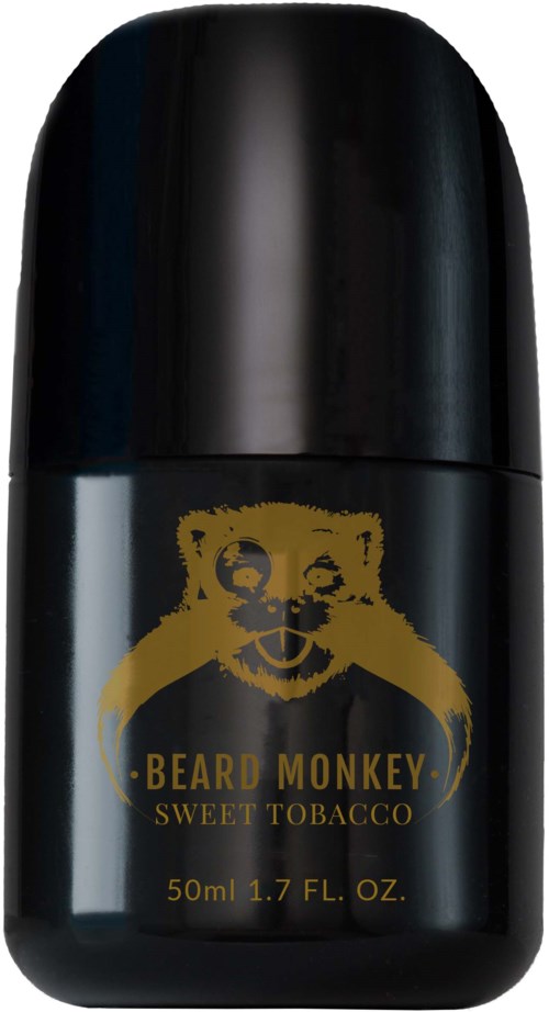Ein schwarzer Behälter mit einem goldenen Affengesicht und Text für Bartpflegeprodukt namens Beard Monkey. Es hat einen süßen Tabakgeschmack.