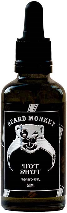 En liten mörk flaska med dropper märkt 'Beard Monkey Hot Shot' som innehåller 50 ml vätska.
