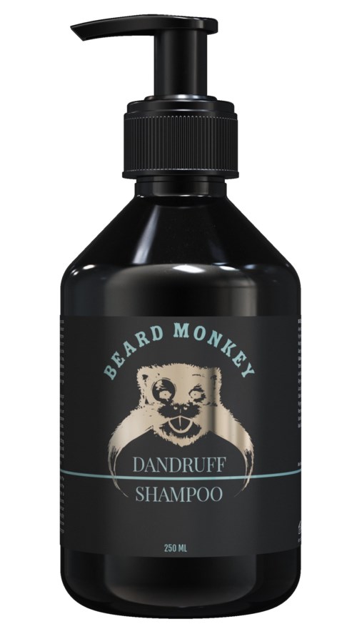 Schwarze Shampoo-Flasche mit Etikett mit Affenlogo und Text 'Beard Monkey Dandruff Shampoo'.
