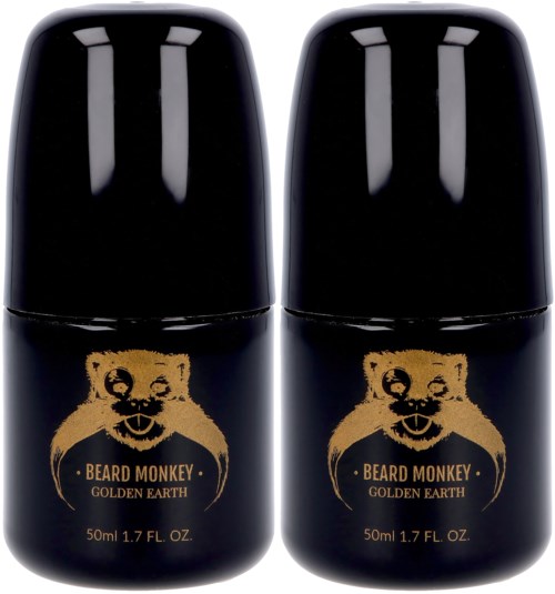 Two black containers with gold bear logos and text, labeled 'BEARD MONKEY GOLDEN EARTH,' 50ml each.