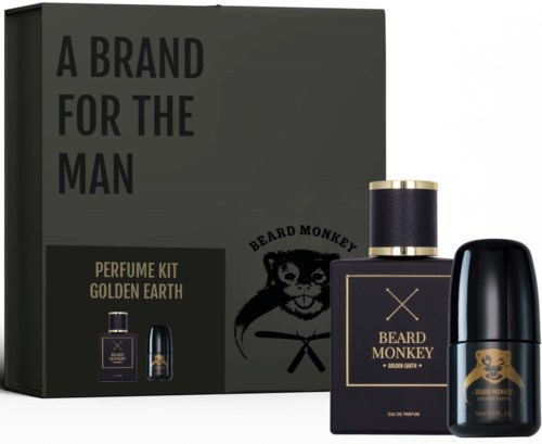 Ett parfymset med en svart och guldflaska, en svart deodorant och en svart och guldask märkt 'A Brand for the Man.'