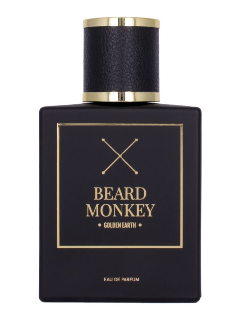 A black perfume bottle with gold accents, labeled 'Beard Monkey' and 'Golden Earth,' with two crossed sticks above the text.