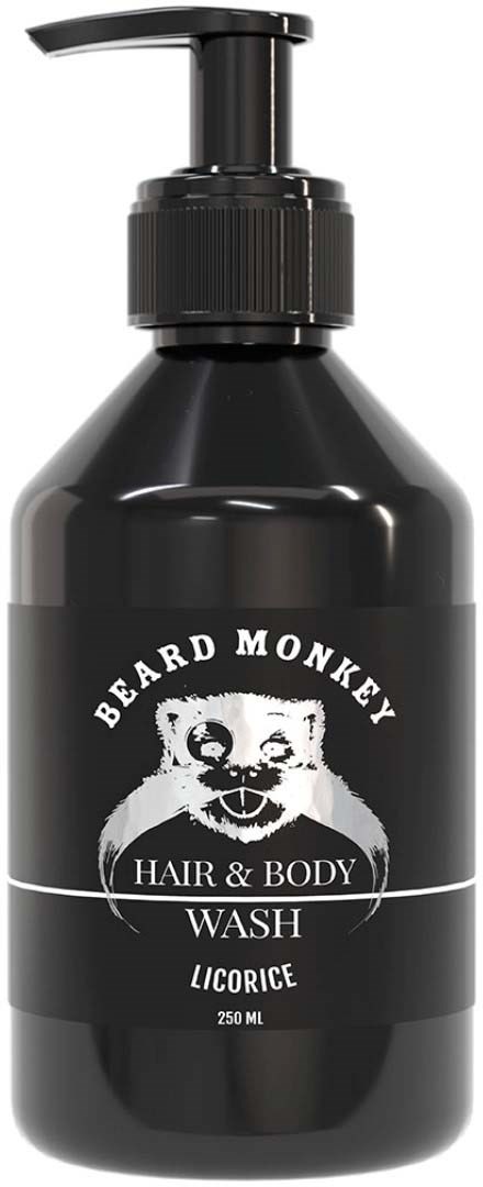 Eine schwarze Flasche mit Pumpe, beschriftet 'Beard Monkey Hair & Body Wash Licorice', 250 ml.