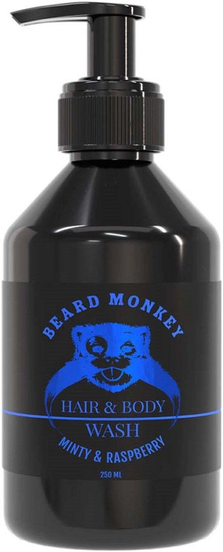 A black bottle with a pump dispenser, labeled 'Beard Monkey Hair & Body Wash Minty & Raspberry'.
