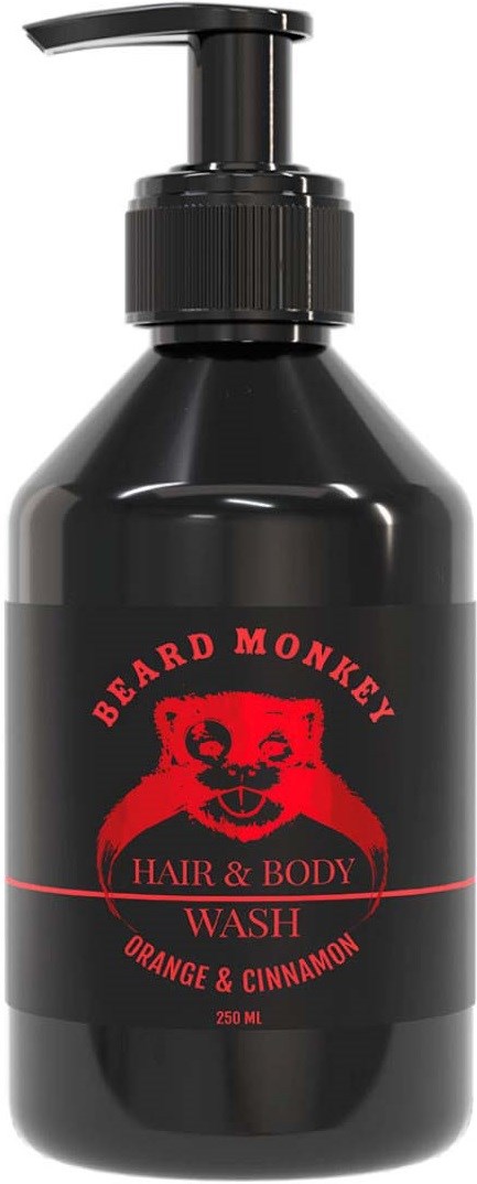 Eine schwarze Flasche mit Pumpe. Rotes Bärenlogo und Text für Bart- und Körperwäsche, Zimt und Orange Duft.