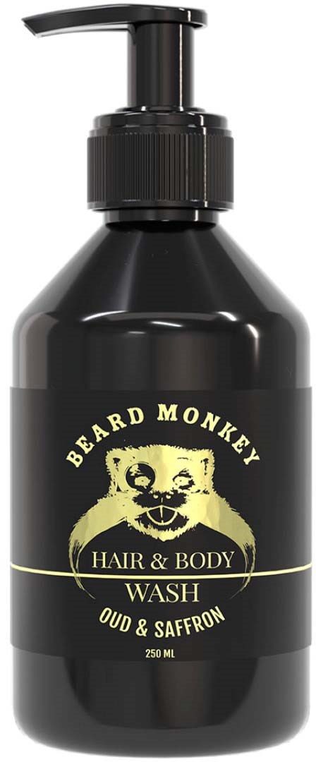 A black bottle with a pump labeled 'Beard Monkey Hair & Body Wash, Oud & Saffron, 250 ml.'