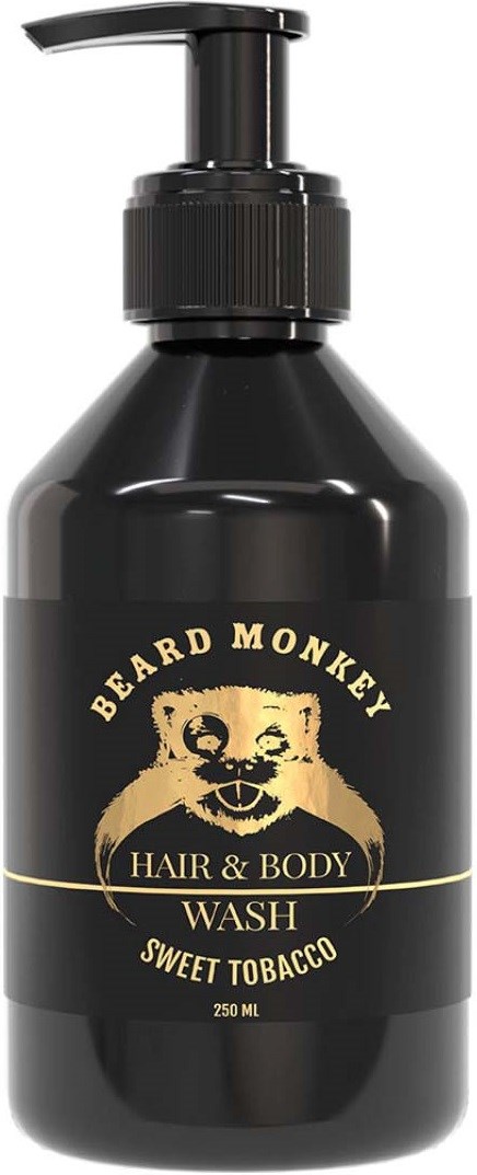 A black bottle with a pump, labeled 'Beard Monkey Hair & Body Wash, Sweet Tobacco, 250 ml' featuring a monkey face logo.
