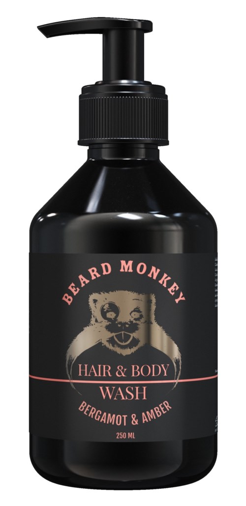 A black bottle of beard and body wash with a pump, labeled Bergamot & Amber scent, 250 ml.