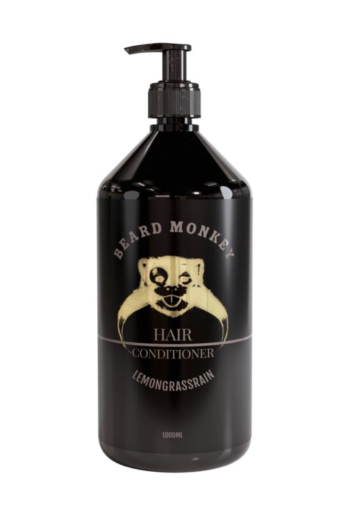A black bottle with a pump labeled 'Beard Monkey Hair Conditioner Lemongrass'. It has a logo of a monkey face.