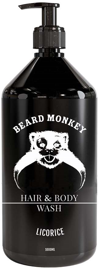 Eine schwarze Flasche mit Pumpen, beschriftet als Beard Monkey Hair & Body Wash, Lakritzduft, 1000ml.