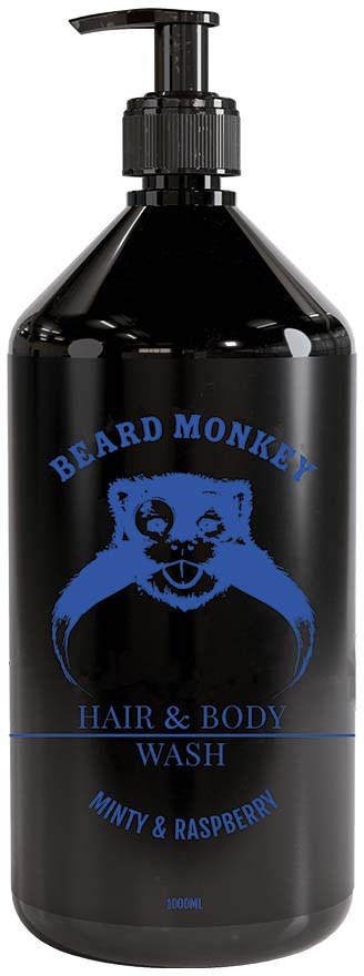 A black bottle with a pump, labeled 'Beard Monkey Hair & Body Wash, Minty & Raspberry,' featuring a monkey face logo.