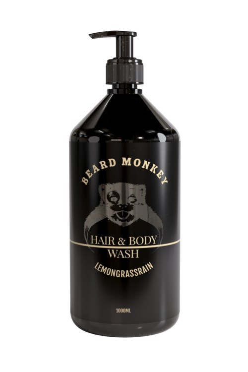 A black bottle with a pump, labeled 'Beard Monkey Hair & Body Wash Lemon Grass & Rain,' and additional text on it.