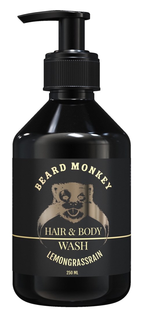 A black bottle with a pump, labeled Beard Monkey Hair & Body Wash, Lemongrass scent, 250 ml.