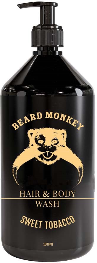 A black bottle with a pump, labeled 'Beard Monkey Hair & Body Wash, Sweet Tobacco,' holds 1000ml.