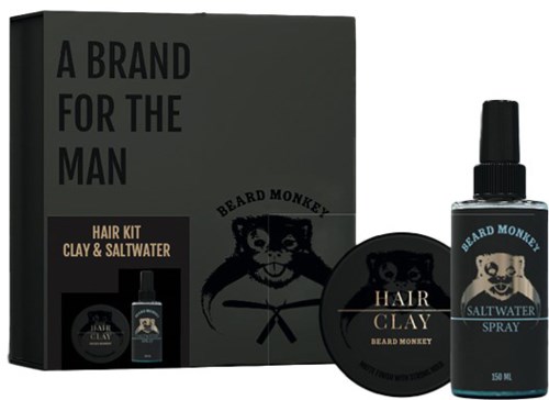 Ett skäggvårdsset med lera och saltvatten spray, i en box som heter "A Brand for the Man."