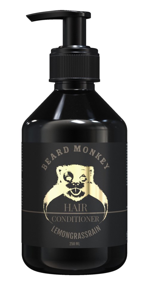 Eine schwarze Pumpflasche mit Beard Monkey Hair Conditioner Zitronengrasduft.