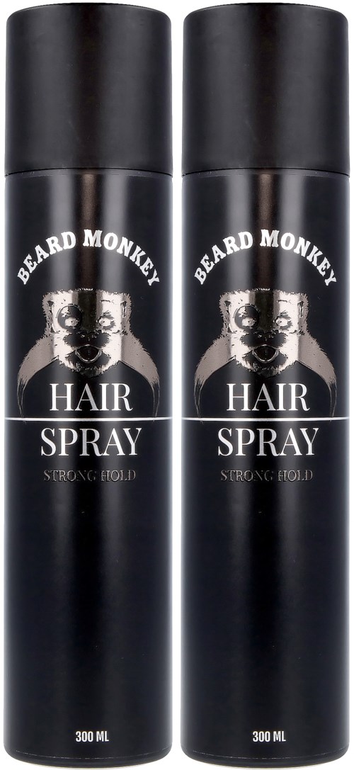 Zwei schwarze Dosen mit Bart-Haarspray mit Affenlogo und weißem Text, je 300 ml.