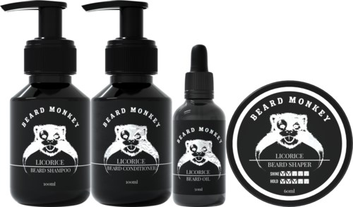 Four black bottles and a jar with a beard care brand logo featuring a monkey. Products include shampoo, conditioner, oil, and shaper.