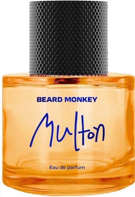 A perfume bottle with a black textured cap, orange liquid inside, and blue text on the front.