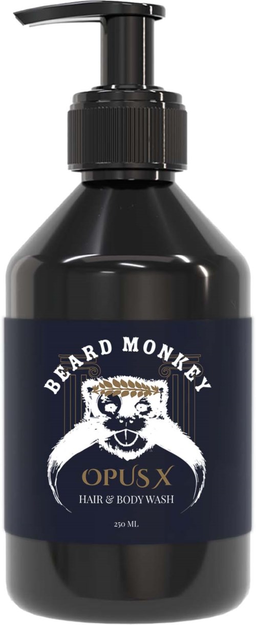 Eine schwarze Kunststoffflasche mit Pumpkopf, gekennzeichnet 'Beard Monkey Opus X Hair & Body Wash,' 250 ml.