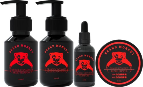 Set of beard grooming products with a bear logo, including shampoo, oil, serum, and a sticker, all in black bottles.