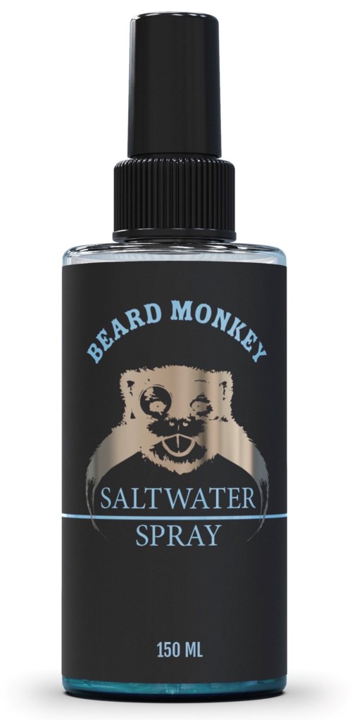 En sprayflaska märkt Beard Monkey Salt Water Spray, 150 ml, med en apa med skägg i logotypen på svart bakgrund.