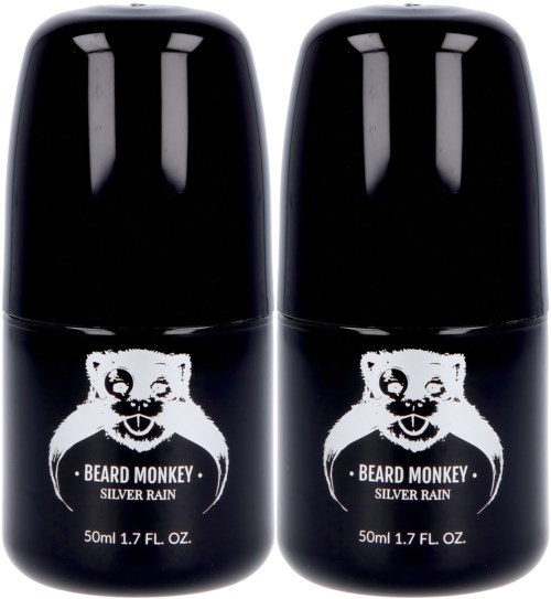 Two black bottles with a white bear face logo and the text "Beard Monkey Silver Rain."