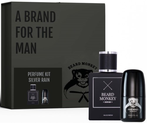 En svart låda med text, en parfyrflaska och en sprayflaska, alla från Beard Monkey:s parfykit.