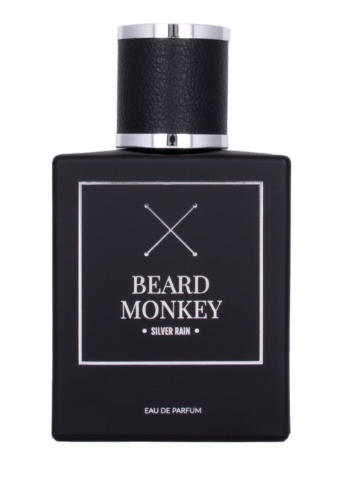 A black perfume bottle with a silver cap and minimalist white label reading 'Beard Monkey Silver Rain'.