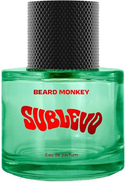Green perfume bottle with red and black text, labeled "Beard Monkey" and "Sublevel."
