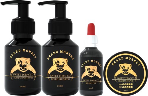 Black bottles and a jar with a bear logo for beard care products. The set includes shampoo, conditioner, oil, and shaper.