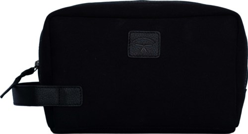 A black toiletry bag with a handle, made of soft fabric, and a small stitched logo on the front.