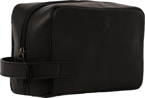 A black toiletry bag with a handle on the side and a zipper on top.