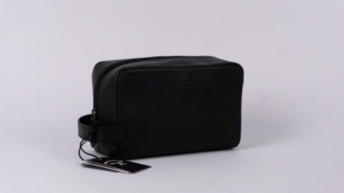 A black travel bag with a zipper, placed on a plain white background.