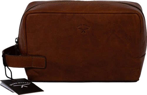 Brown leather bag with a handle, zipper, and a small logo, likely used for travel or daily use.