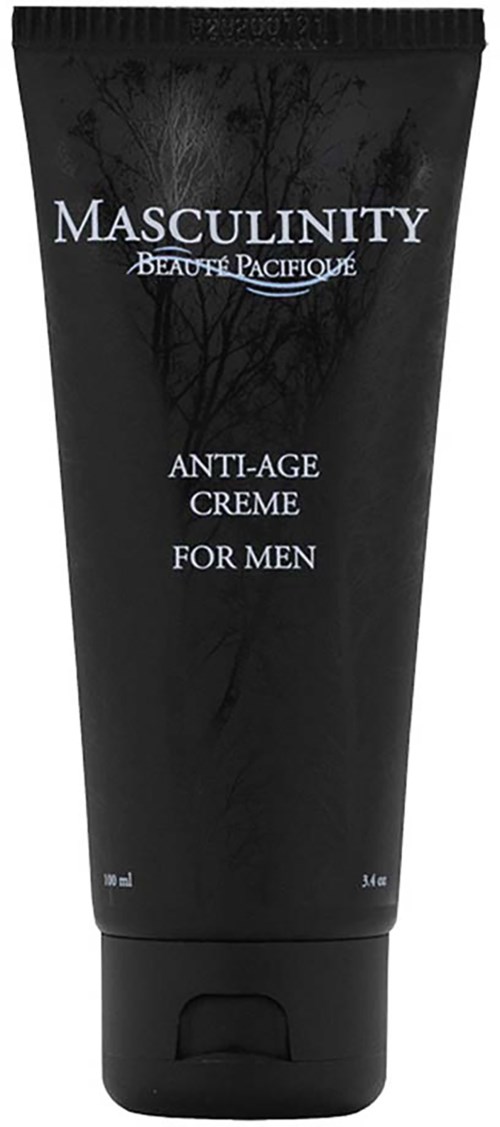 Black tube of men's anti-age cream from Masculinity Belette Pacifique. Text on the tube states anti-age cream for men.