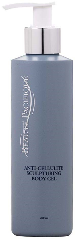 Eine lange, blaue Flasche mit weißer Pumpe, beschriftet mit 'Anti-Cellulite Sculpturing Body Gel' von Beaute Pacifique.