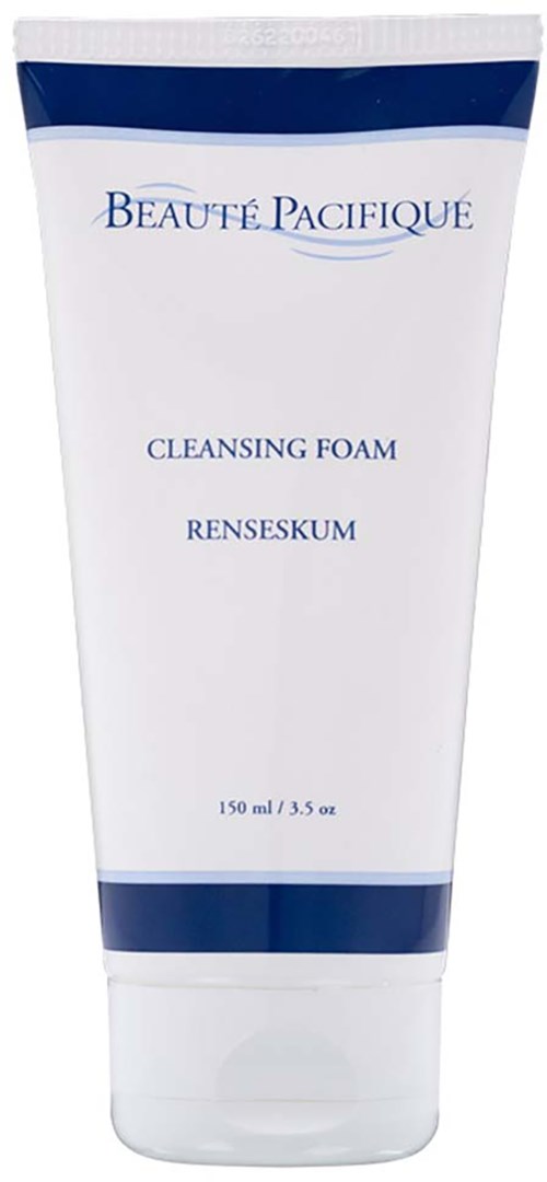 Een witte tube met blauwe banden, gemerkt 'Beauté Pacifique,' bevat reinigingsschuim, 150 ml.