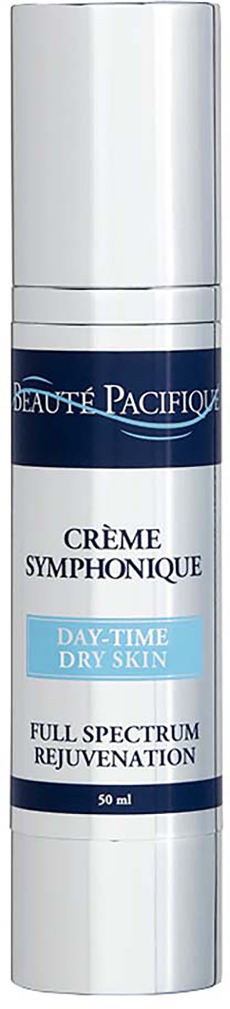 A white tube of moisturizing cream with blue and black labels for dry skin. It is from Beauté Pacifica.