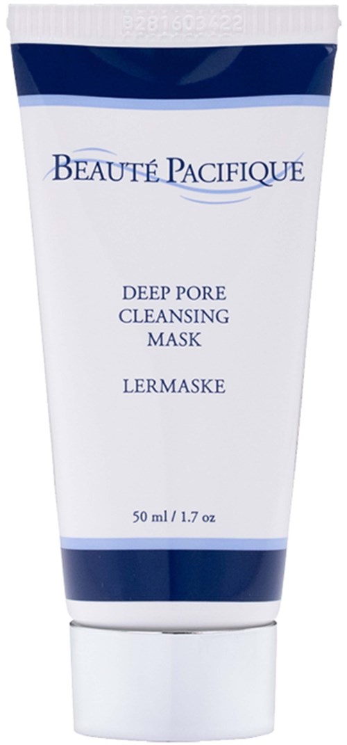 Een witte tube met blauwe banden, gemarkeerd 'Beaute Pacificque' en 'Deep Pore Cleansing Mask' met formaat 50 ml.