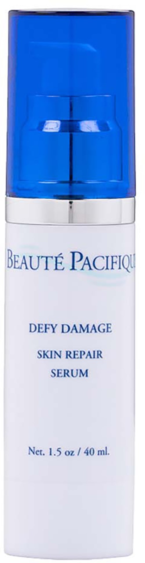 Een witte fles met een blauwe dop, gemerkt Beuute Pacifique, bevat huidherstellende serum, 40 ml.