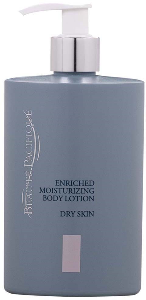 A gray bottle with a pump labeled as moisturizing body lotion for dry skin.