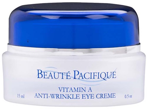 Een kleine pot met anti-rimpel oogcreme met blauwe en witte verpakking, gemerkt "Beaute Pacifique."