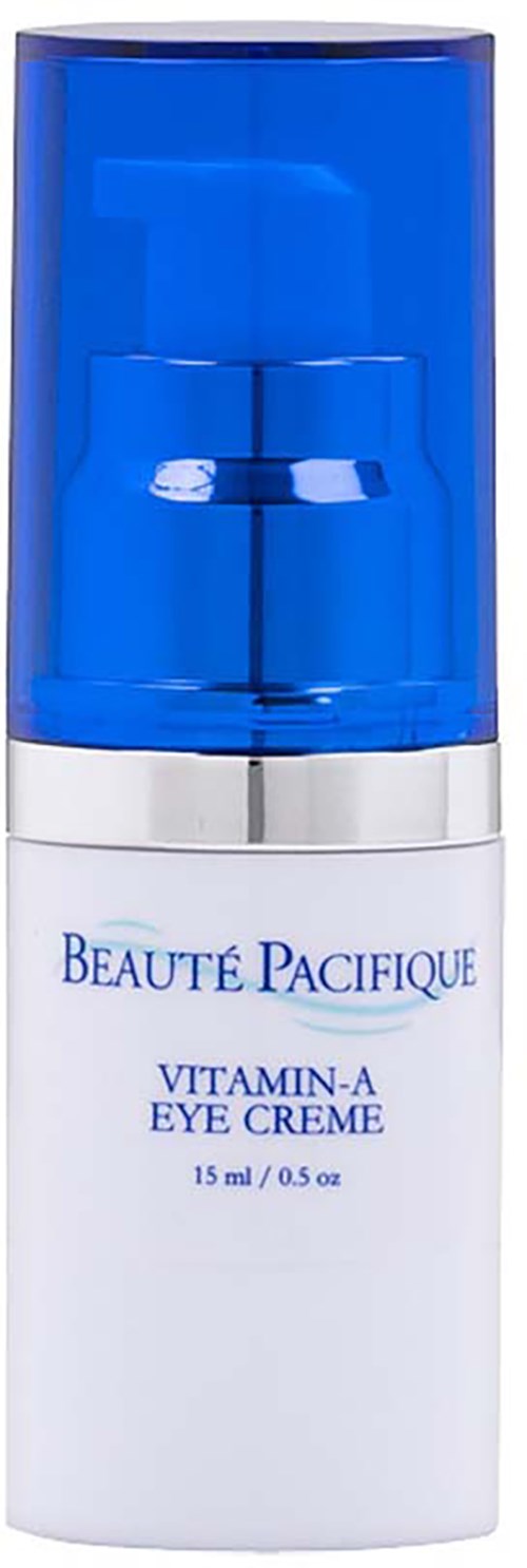 Kleine witte fles met een blauwe dop, gelabeld 'VITAMIN-A EYE CREME' en 'BEAUTÉ PACIFIQUE'.