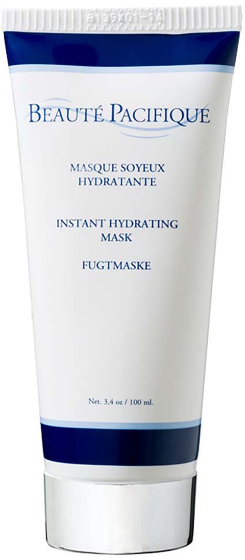 Een witte en blauwe tube met Beaute Pacifique hydratatiemasker en tekst in meerdere talen.