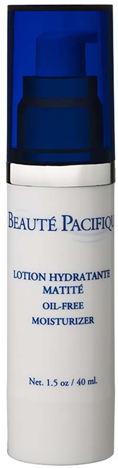 Een witte fles met een blauwe dop met label 'Beaute Pacifici,' bevat olievrije moisturizer voor matte huid, 40 ml.